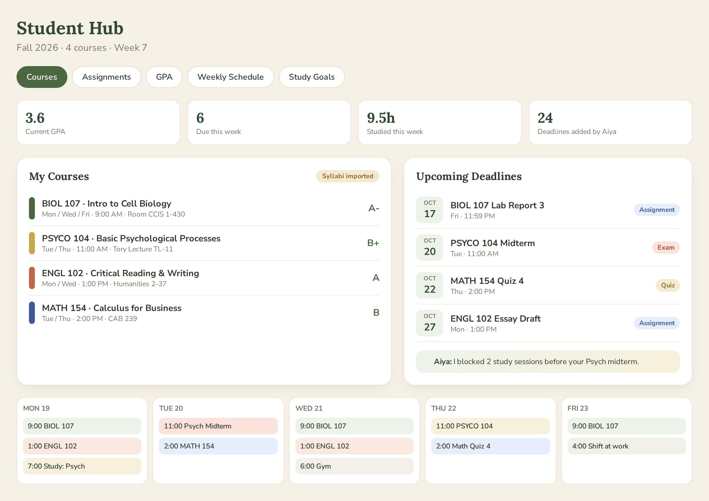 LyfeHubX Student Hub showing courses, upcoming deadlines and a weekly class schedule